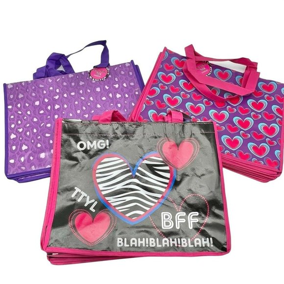 Bundle of 12 Girly Girl Tote Bags Hearts Valentines Purple Pink Reusable NWT - Picture 1 of 12